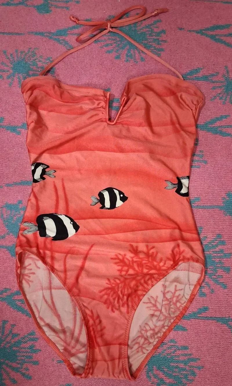 Vintage gottex 80's one piece swimsuit women small orange fish print halterneck